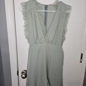 Altar'd State Sage Green Lace-Trim Jumpsuit Romper